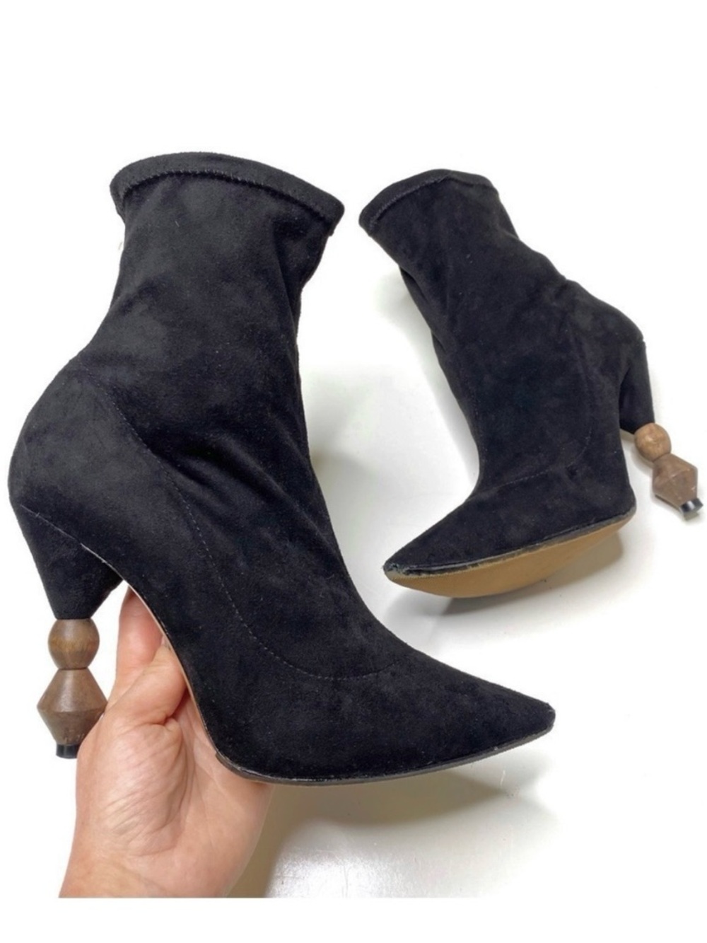 SCHUTZ Tailine Sock Boots Black Leather Wood Heel Size 7